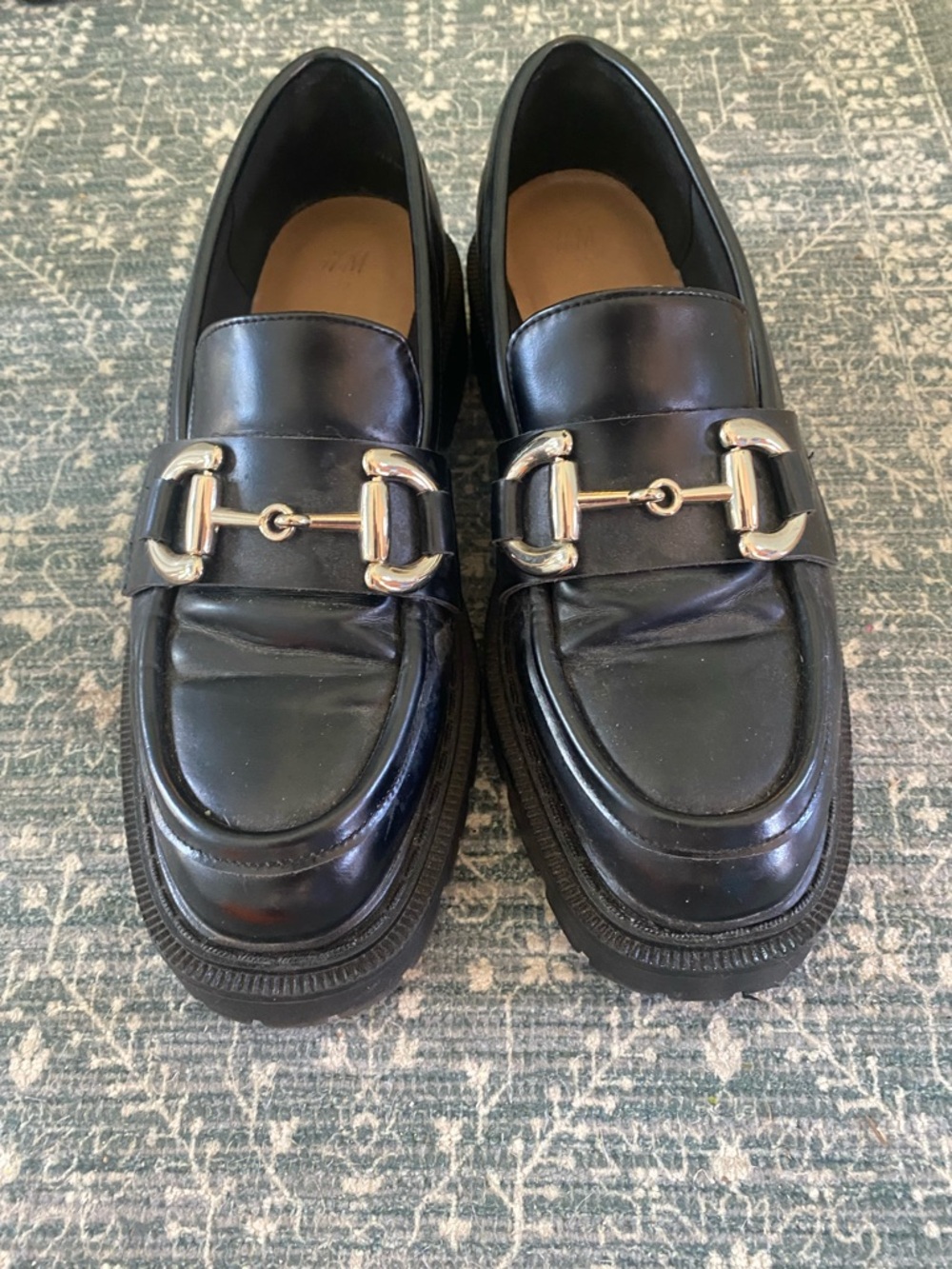 H&M Black Leather Loafers with Silver Horsebit